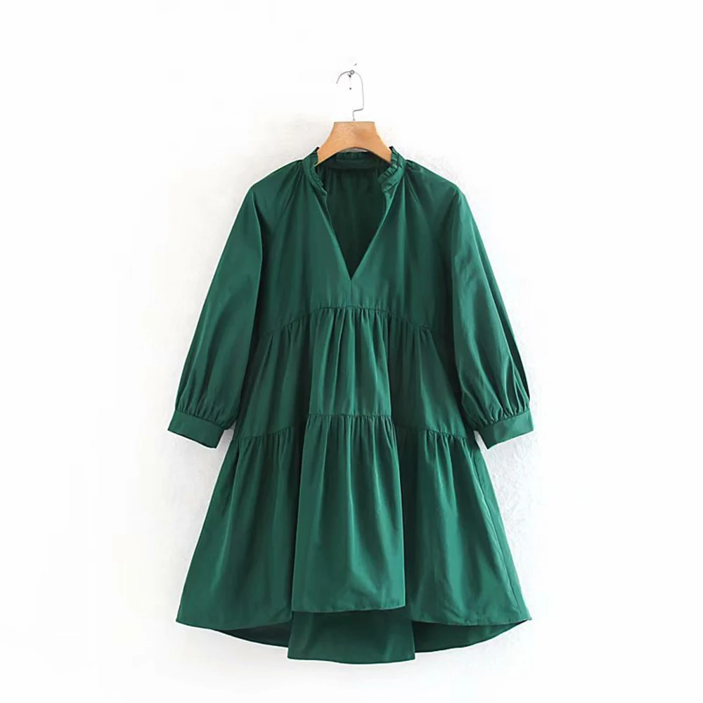 Новинка, мини-платье ZA, женское зеленое платье с v-образным вырезом и рукавом в пять точек, многослойное, свободное, очаровательное, темпераментное платье - Цвет: 01