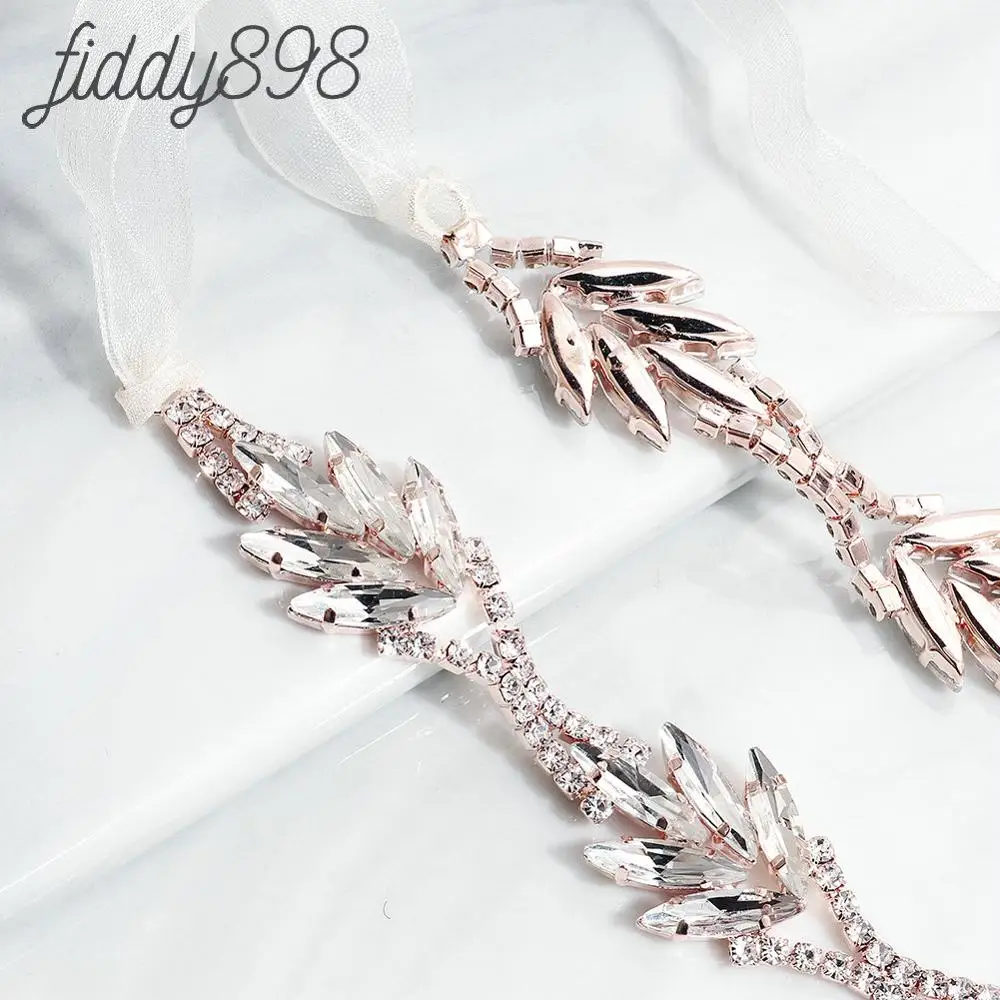 Rose Gold Women's Handmade Rhinestones Wedding Belts and Sashes Gown Sash Bride Accessories for Wedding Dress
