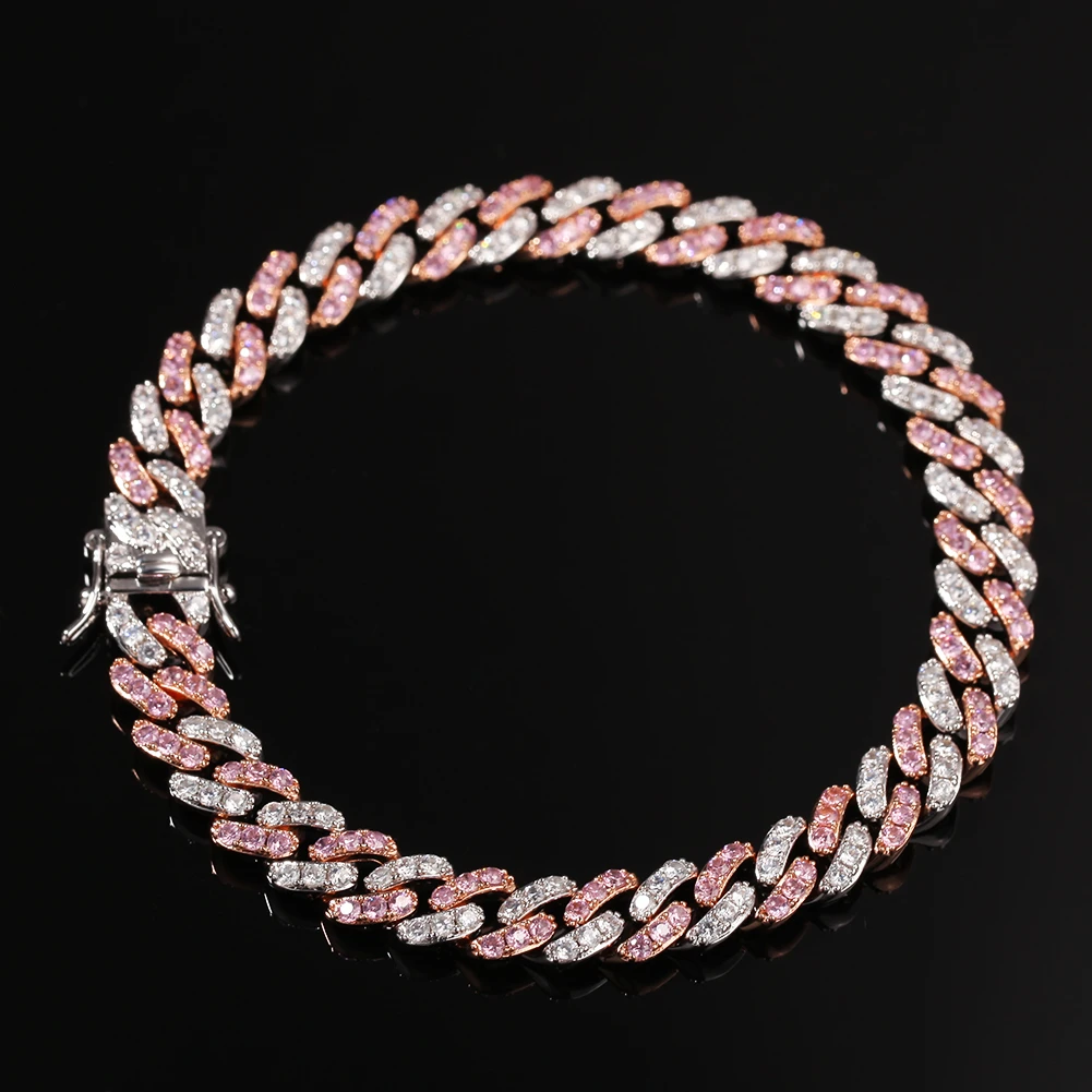 UWIN 9 мм Iced Out кубинские звенья браслет розовый и белый циркон хип хоп Мода Панк цепь Bling талисманы ювелирные изделия - Окраска металла: Pink and Whithe CZ