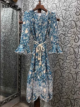 

Top Quality New 2020 Autumn Dress Women Blue Floral Print Hollow Out Embroidery String Belt Patchwork Flare Sleeve Vintage Dress