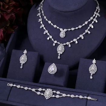 

janekelly 2 layer necklace Wedding Necklace Earrings For Women Accessories Flower Cubic Zirconia Bridal Jewelry Sets