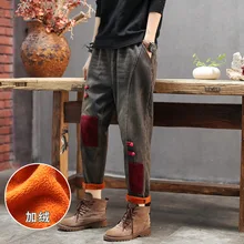 Ретро Новые джинсы с дисковой пряжкой плюс бархатные прямые брюки женские свободные Дикие Накладные контрастные цветные повседневные брюки