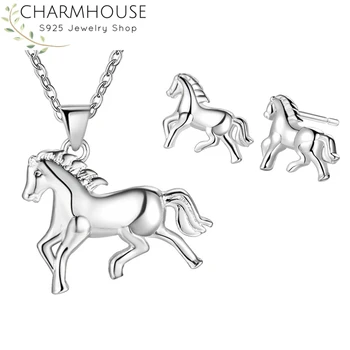 Charmhouse Silver 925 Jewelry Sets For Women Horse Stud Earring Necklace Brincos Collier 2pcs Wedding Jewelery Set Accessories