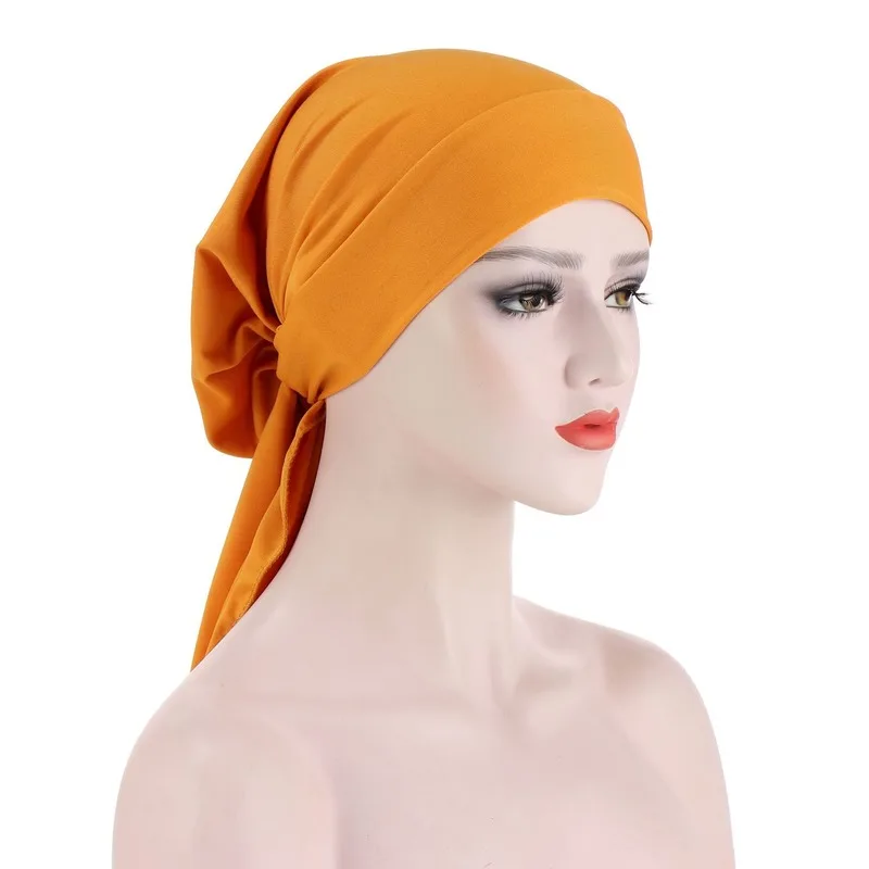 

New milk silk long-tailed bow headband cap fashion Elastic inner hijabs caps muslim head scarf turban wrap under Hijab Bonnet
