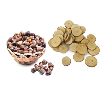 

50 Pcs DIY Crafts Wedding Decorations: 30 Pcs Wood Log Slices Discs 3-4 CM & 20 Pcs Artificial Acorns