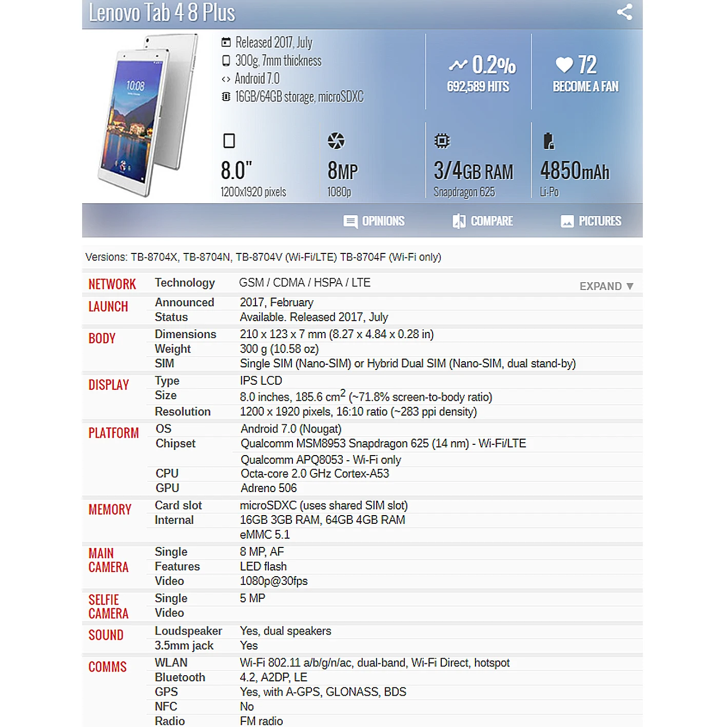 For Lenovo Tab 4 8 Plus TB-8704 TB-8704X Back Battery Cover