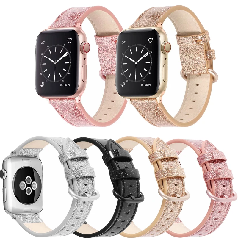 Мягкие блестящие Блестящие Кожаные полосы для apple watch 38 мм 40 44 42 ремешок браслетов
