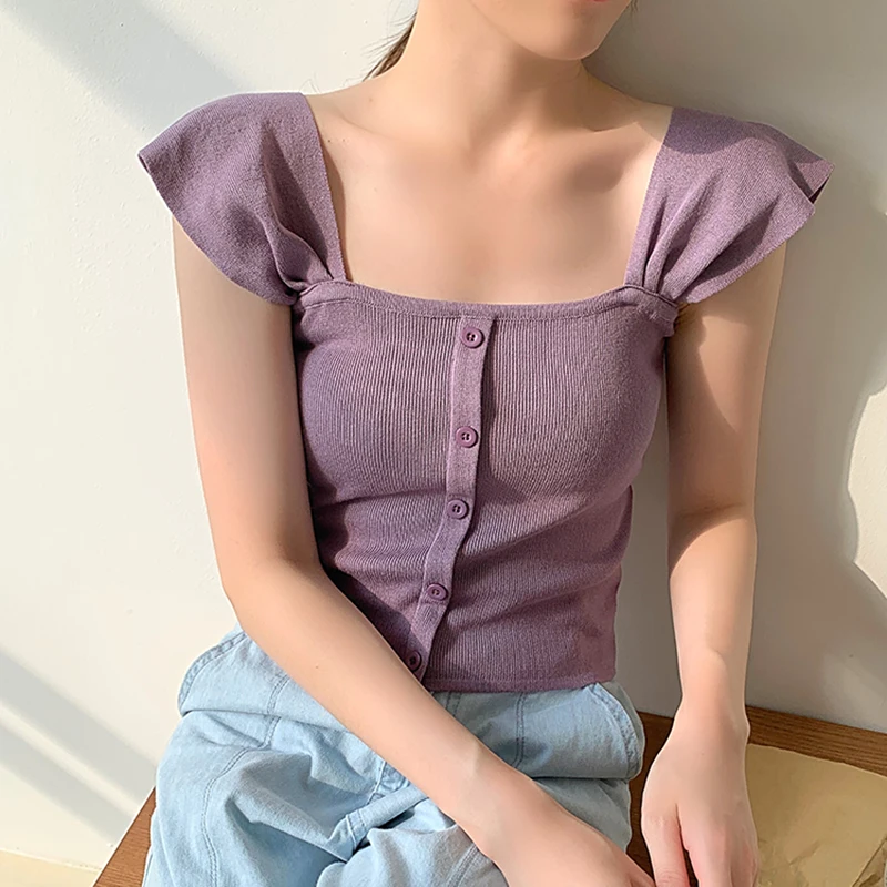 HELIAR Women Knitted Crop Top Women Button Up Summer Purple Tops For Women Square Neck Tees Crop Tops For Women Summer