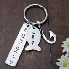 Personalized Keychain,Engraved Hooked on Dad Keychain,Fishing Keychain,Custom Keyring,Father's Day Gift for Dad Grandpa