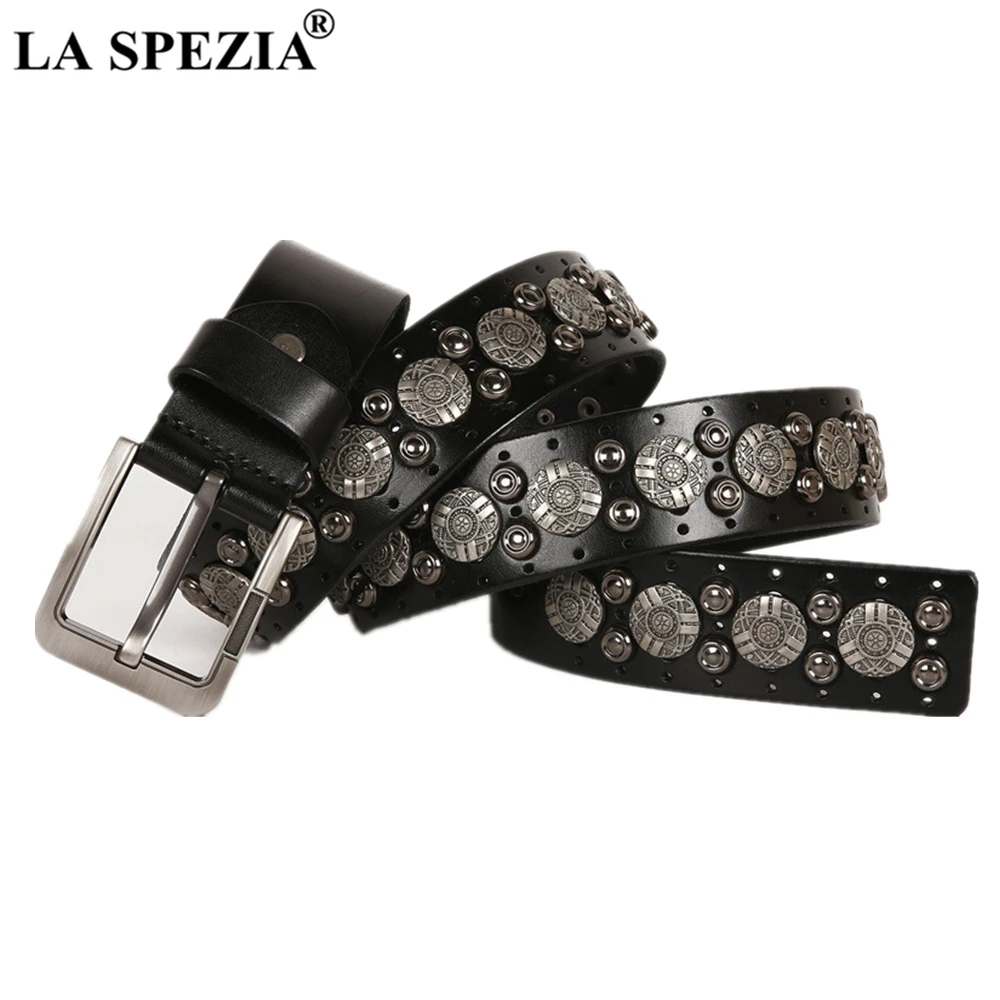 LA SPEZIA Punk Rock Belts for Men Real Patent Leather Steampunk Accessories Buckle Belts Male Rivet Black Waist Belt