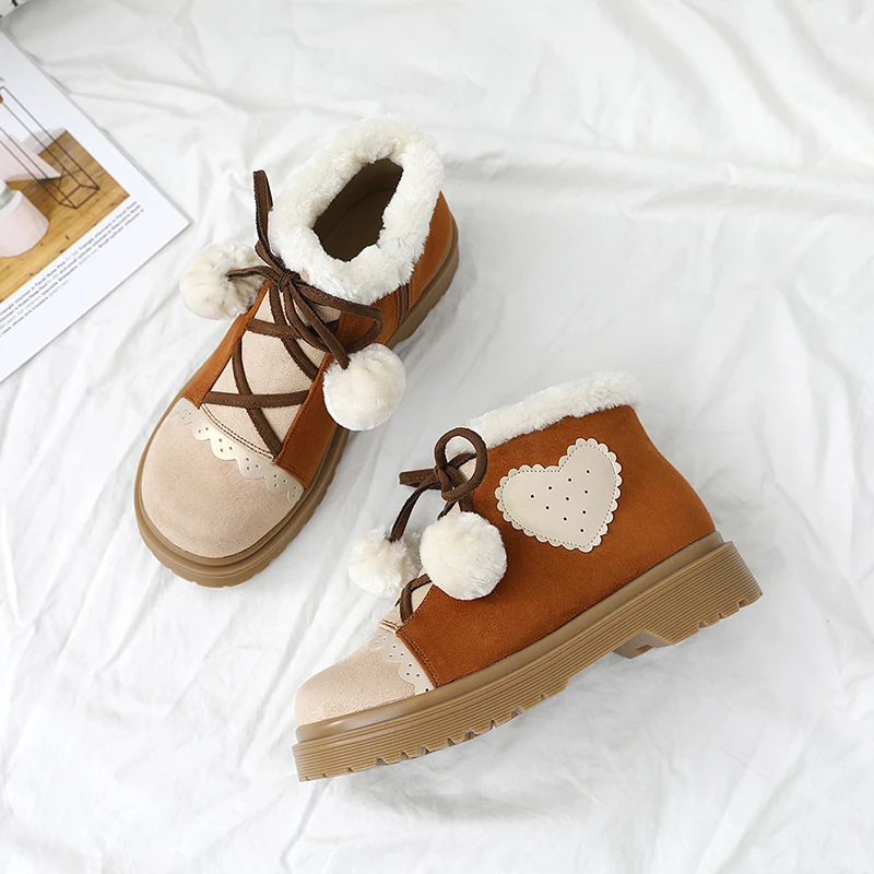 Koop Winter college style sweet lolita snow boots plus velvet warm non slip round head women shoes cute love hairball kawaii shoes