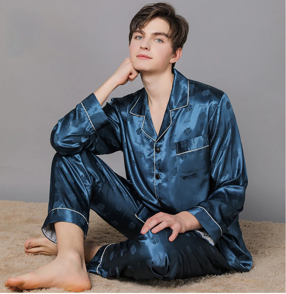 red pajama pants Pajama Male Fashion Jacquard Ice Silk Summer Spring Cool Pajama Sets Soft Thin Long Sleeve Sleepwear+Long Trousers Suits pyjama plaid pajama pants