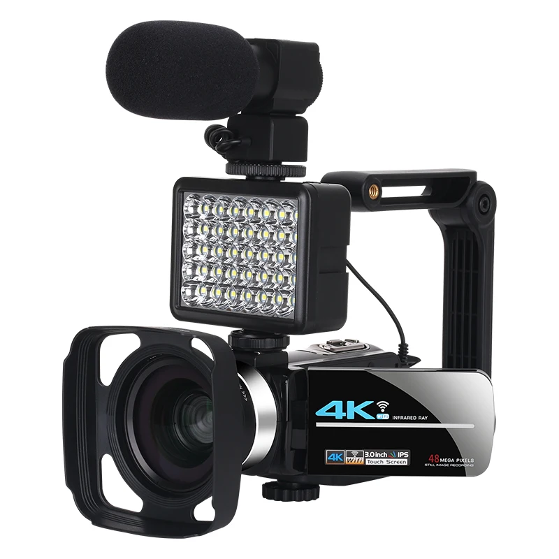 Video Camera 4K Camcorder with Lens Hood Support Zoom Live Digital Vlogging Camcorder 3.0 Inch Night Vision WiFi Camera