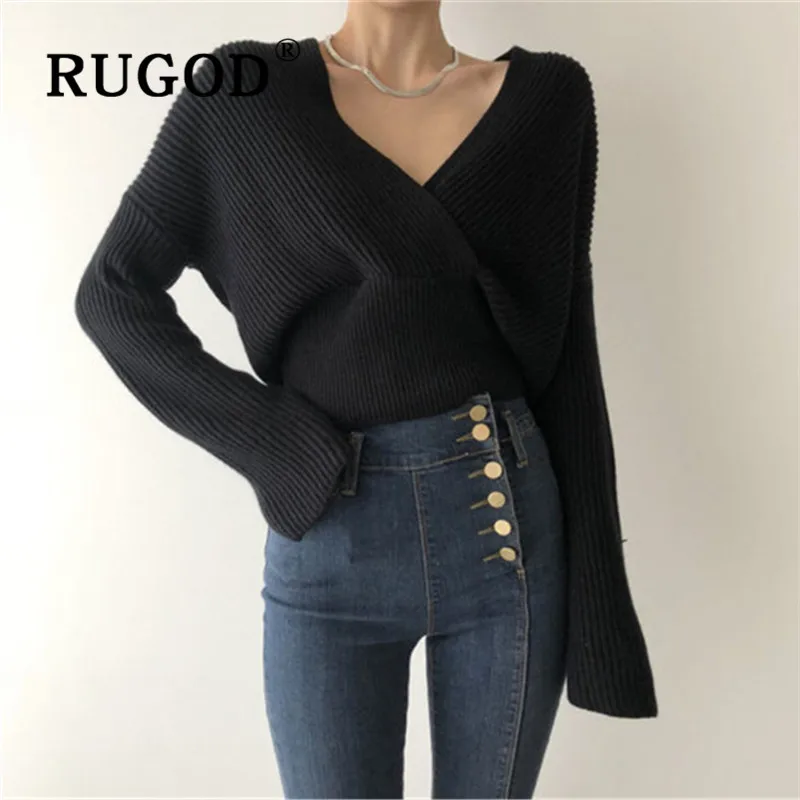RUGOD, корейский шик, Однотонный женский свитер, пуловеры, v-образный вырез, крестообразная форма, высокая талия, вязаный, модный, элегантный, женский, теплый свитер