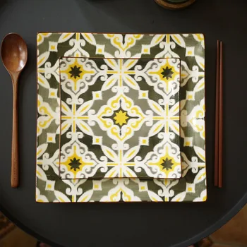 

Totem printing underglaze color yellow window pattern square plate set 8 "10"