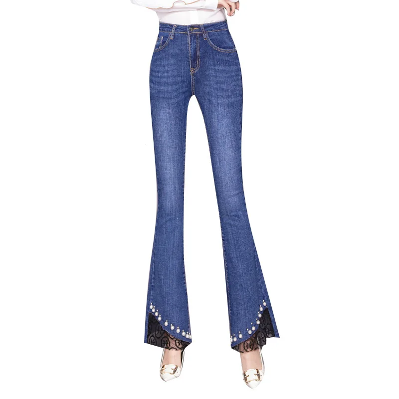 

Vintage High Waist Jeans For Women Slim Stretch Denim Pant Bodycon Skinny Beading Lace Jeans Woman Female Trousers Streetwear