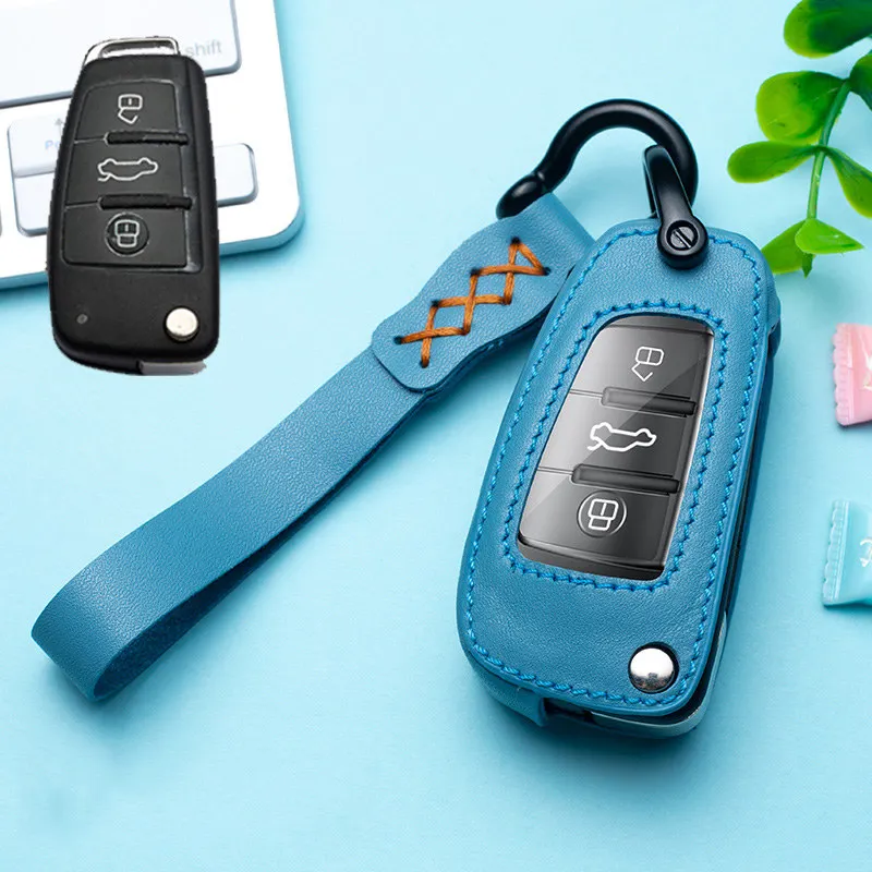 

Leather Car Key Cover Protection Case For Audi A1 A3 A4 8P 8L 8V S3 RS3 Q3 Q7 C5 C6 S3 TT Auto Key Protect Holder Shell Ring