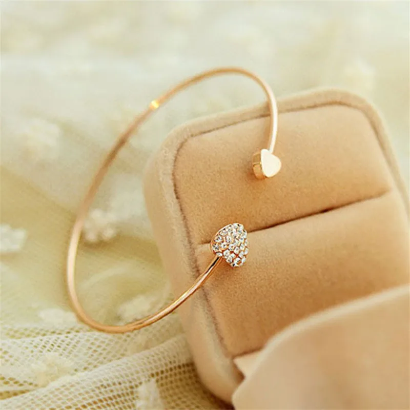 Bracelet Jewelry Fashion Adjustable Crystal Double Heart Bow Bilezik Cuff Opening Bracelet For Women Jewelry Gift Mujer Pulseras