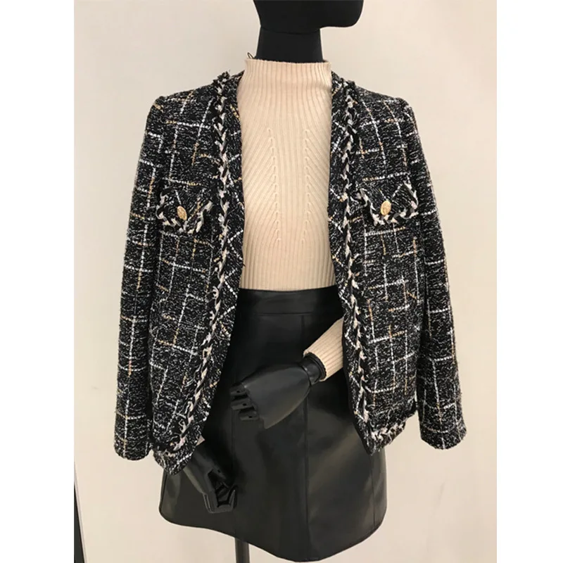 lower price  New Womens Black Tweed Jackets Plaid Coats Autumn Small Fragrance Long Sleeve Elegant Tassel Jacket