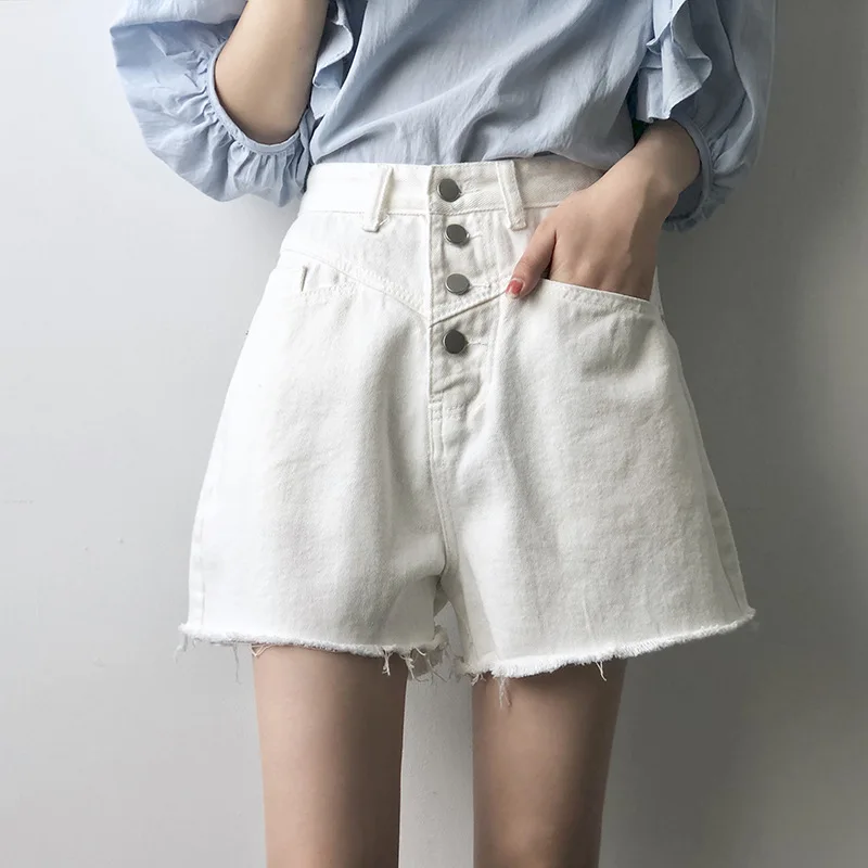 

HXJJP 2020 New summer denim shorts high-waisted wide-legged fur-trimmed baggy shorts