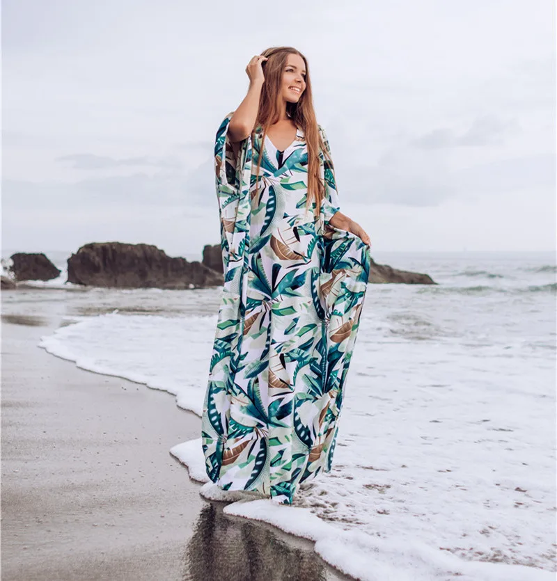 Bohemian Leaves Printed Bikini Cover-ups Loose V-neck Summer Beach Dress Chiffon Tunic Women Beachwear Kaftan Swimsuit Cover Up