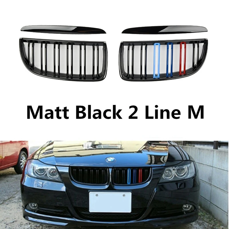 

Pair Gloss Matt Black Color 2 Line Front Kidney Grille Grill Double Slat for BMW E90 E91 3 Series 2005 2006 2007 Car Accessories