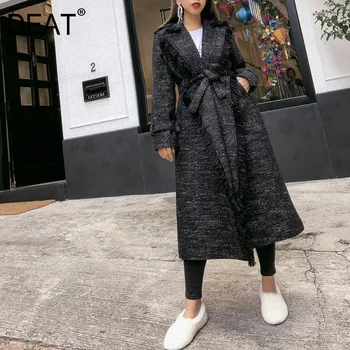 

DEAT 2020 New Autumn And Winter Turn-down Collar Full Sleeves Wool Tassels Oversize Waist Belt Windbreaker Coat WD60902S