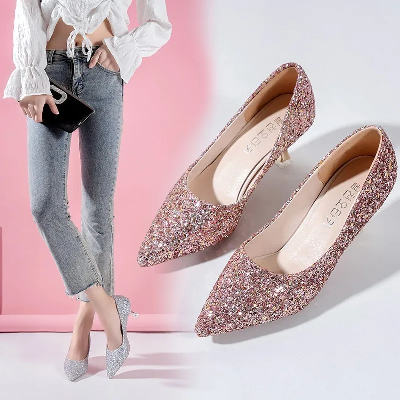 Zapatos de tacón alto con lentejuelas, calzado de boda de talla grande 43, Punta poco profunda, versión coreana, 2020