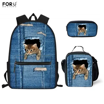 

FORUDESIGNS 3pcs/set Backpack for Teenager Girls Denim Cute Cat Print Children School Backpack Kids Women Casual Travel Rucksack