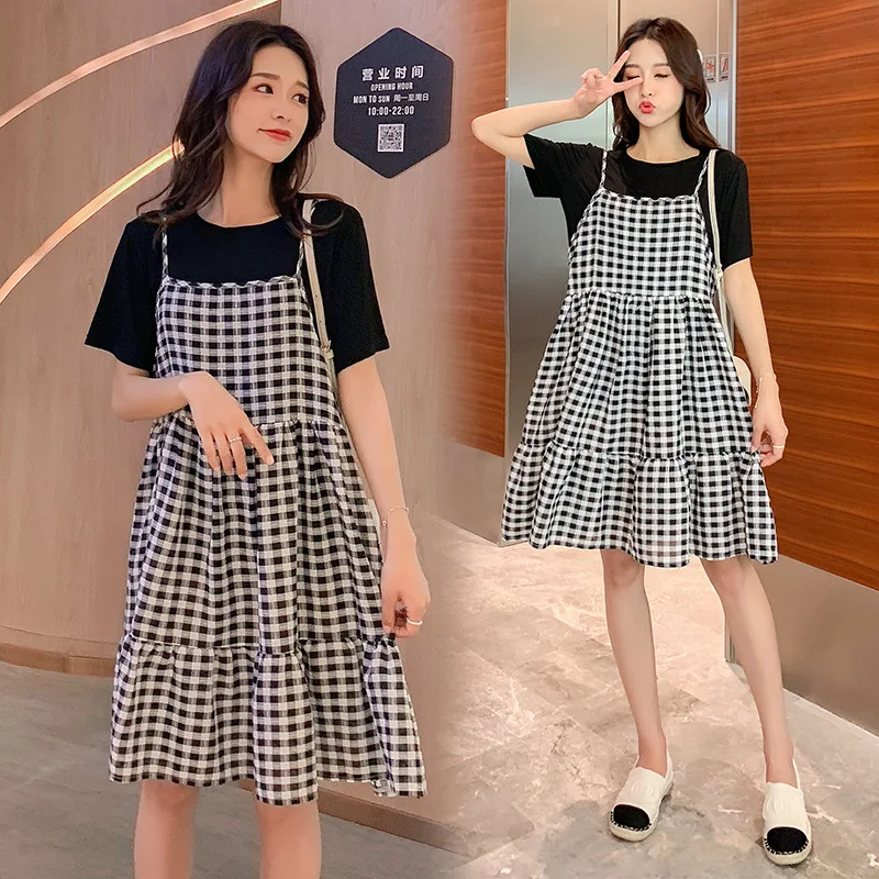 

2019 New Style Korean-style Plaid Camisole Short Sleeve Two-Piece Set Fashion Mom Medium-length Dress Maternity Clothes Fashion