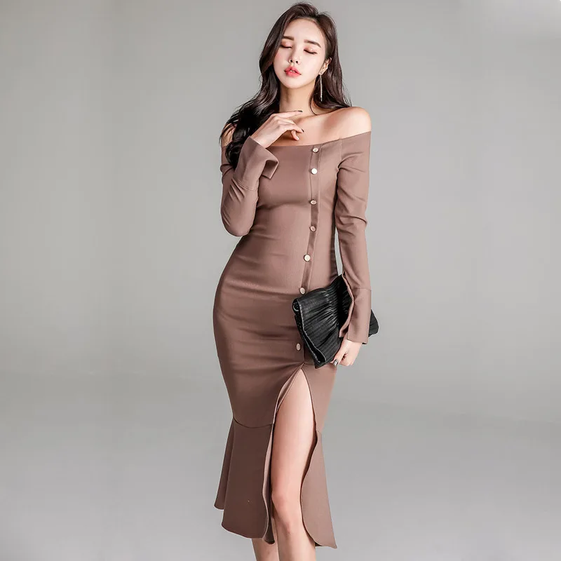 

New Style Korean-style Debutante Elegant Horizontal Neck Slim Fit Single-Breasted Sheath Slit Flounced Dress Women's