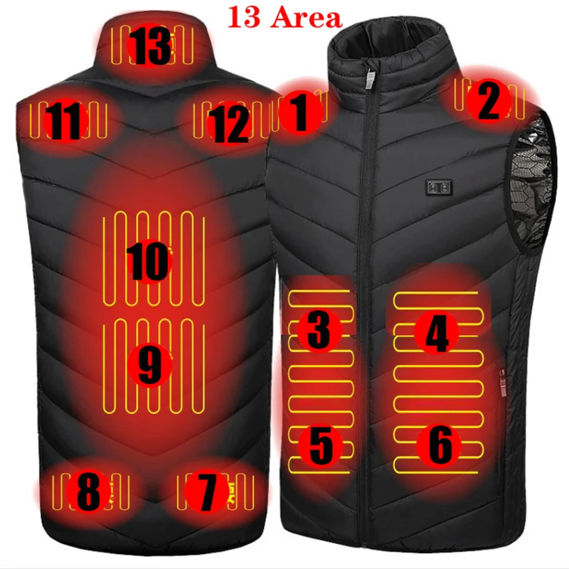 

New 13/11/9 Areas Heated Vest Winter Outdoor Hunting Men's Vest Heated Jackets Sleeveless Plus Size Heating Vest Dual Control