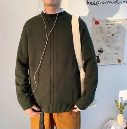 Blackish green Зимние мужские вязаные облегающие пальто с круглым вырезом, теплый кашемировый пуловер, повседневная мужская одежда, 9 цветов, шерстяные свитера M-2XL - Цвет: Blackish green