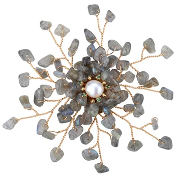 

Yacq Women Natural Spectrolite Freshwater Pearl Cubic Zirconia Pin Brooch Pendant 2 in 1 Handmade Jewelry Flexible Copper Wire