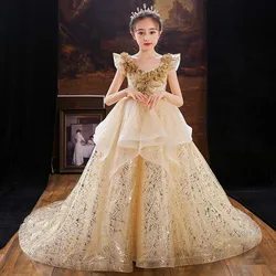 Fluffy Ball Gown Champagne Flower Girls Dresses For Wedding Sequins Tulle First Communion Dress Princess New Pageant Prom Gown