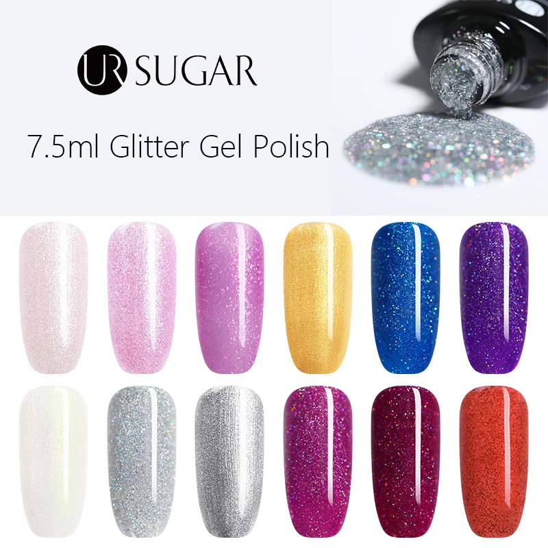 Ur Sugar 7,5 мл Серебряный лазерный голографический Гель-лак для ногтей Блестящие Блестки замочить от УФ гель для ногтей лак черный базовый слой