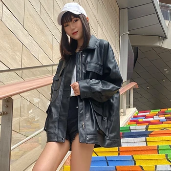 

MIIRCEOR Women Black PU Leather Jackets With Belted Spring Long Sleeve Split Pockets Coats Female Side Vents Outwear Chic Tops