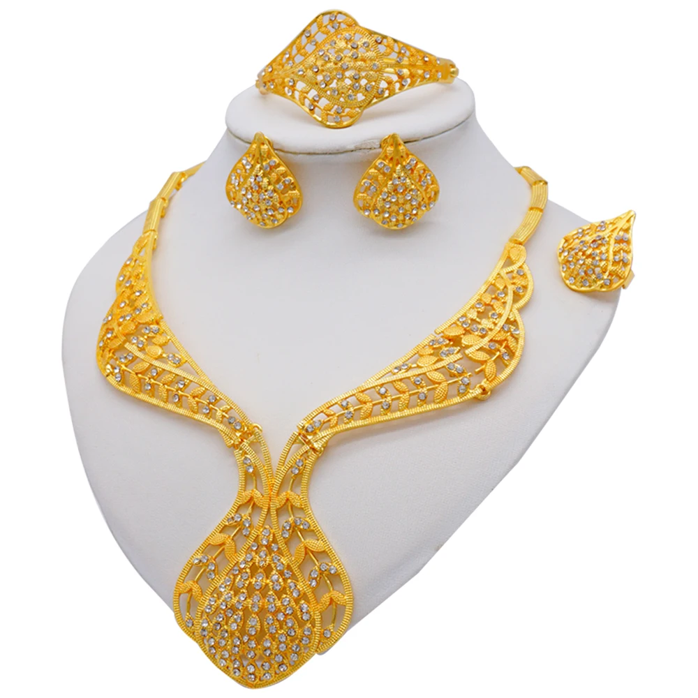 

Dubai 24K Gold Crystal Jewelry Sets For Women African Bridal Wedding Gifts Party Necklace Earrings Ring Bracelet Jewellery Set