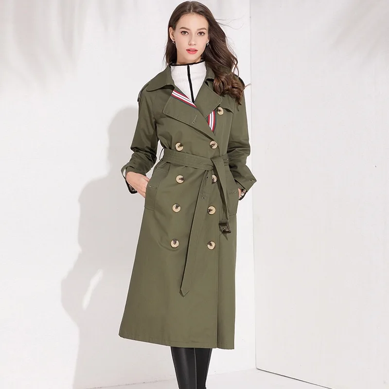 

Trench Coat women Casual Single Breasted long Outerwear loose clothes for lady with belt autumn fashion high quality army green