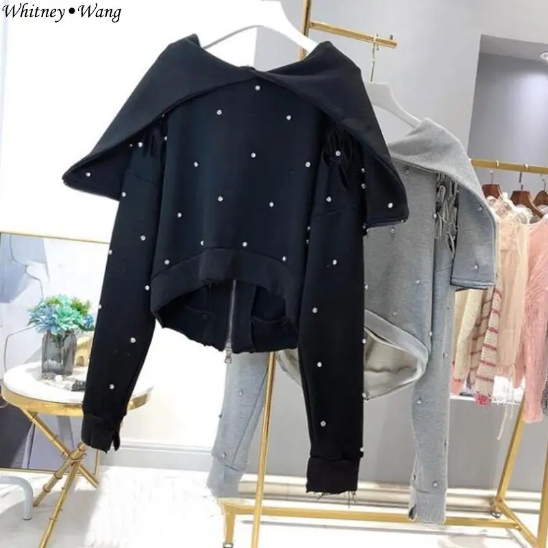 WHITNEY WANG 2019 Осенняя мода уличная молния с капюшоном бриллианты фуфайка дырочками