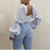 NewAsia Floral Top Women White Sweet Square Neck Long Puff Sleeve Ruched Drawstring Crop Top Autumn Woman Party Blouse 2022 New ► Photo 3/6