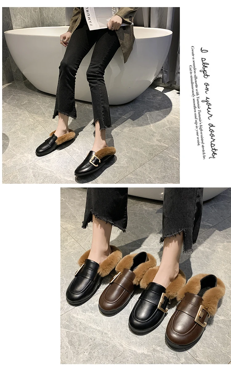 all match fur buckle slip-on moccasins winter new student outside casual loafers brand genuine rabbit hair warm women shoes