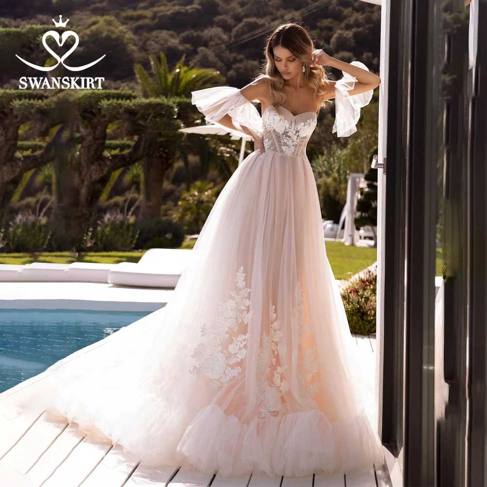 

Boho Appliques Wedding Dress Sweetheart Flare Sleeve Illusion A-Line Ruched Tulle Vestido de novia Swanskirt TZ32 Bridal Gown