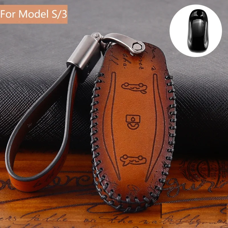 Brown For Model S 3 Автомобильные аксессуары из натуральной кожи, автомобильный чехол для дистанционного ключа, чехол-держатель для Tesla, модель S, модель X, модель 3 - Название цвета: Brown For Model S 3
