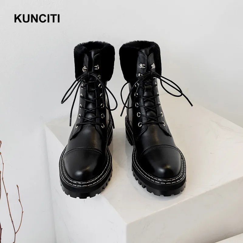 KUNCITI/; женские зимние меховые ботинки; женская зимняя теплая обувь на шнуровке; женские ботильоны из натуральной кожи; D9216