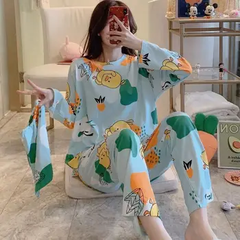 

2PCS Pajamas Suit Women Cute Sleep Set Intimate Lingerie Female Satin Print Home Clothing Autumn New Sleepwear Casual Pyjamas