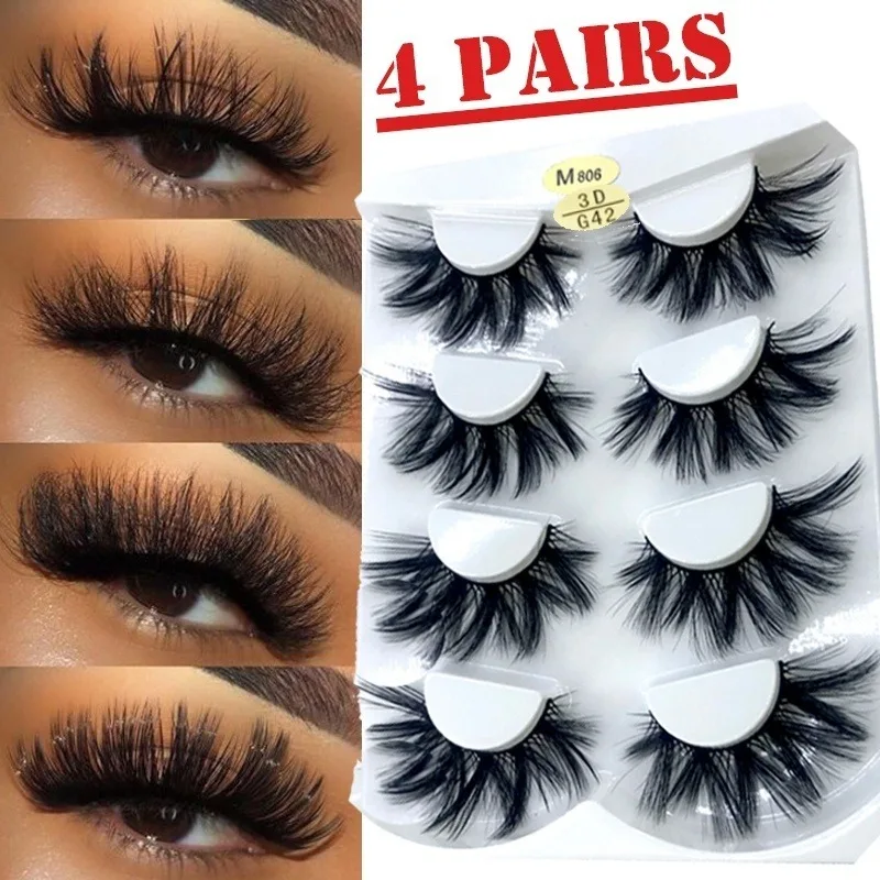 

4Pair/Set Eyelash Extension 3D Mink Hair Soft False Eyelashes Fluffy Wispy Thick Lashes Handmade Soft Eye Makeup Extension Tools