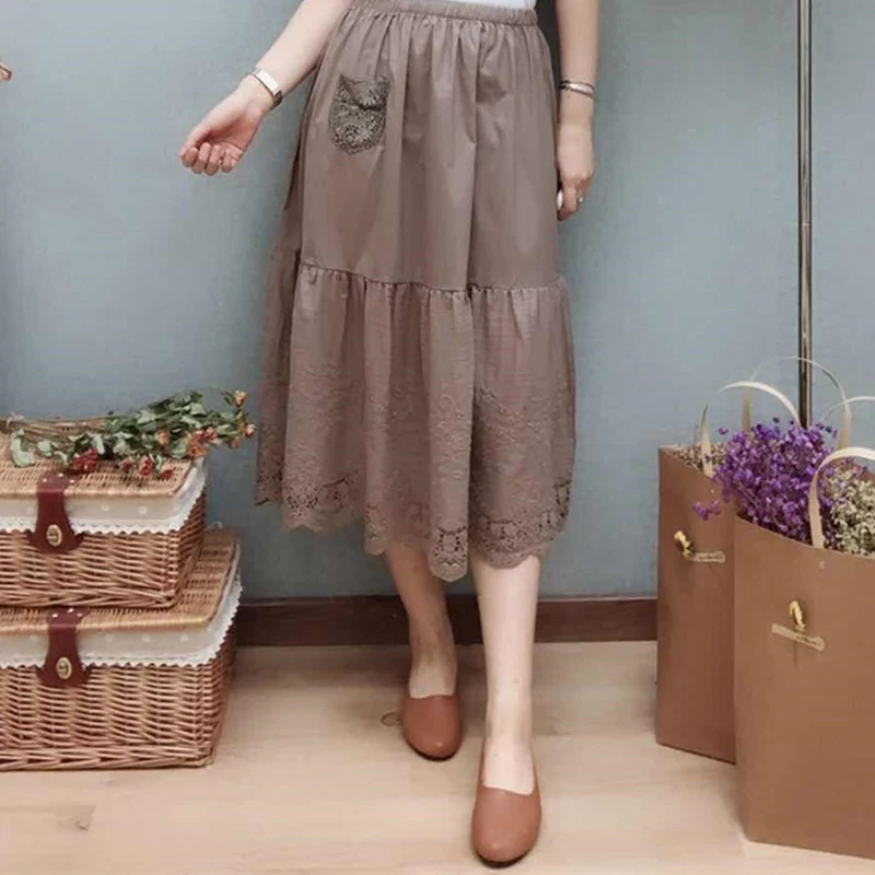 khaki Mori Girl многослойная кружевная хлопковая юбка для женщин, Сказочная кружевная вышивка, открытая Женская юбка принцессы Kawaii, кавайная юбка Z025 - Цвет: khaki