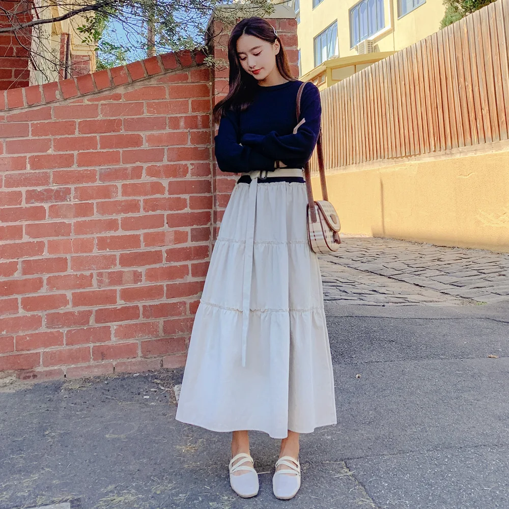 

Photo Shoot 2019 Spring New Style Korean-style WOMEN'S Wear Retro Hepburn Wind Mock Two-Piece Joint A- line Large Hem Dress