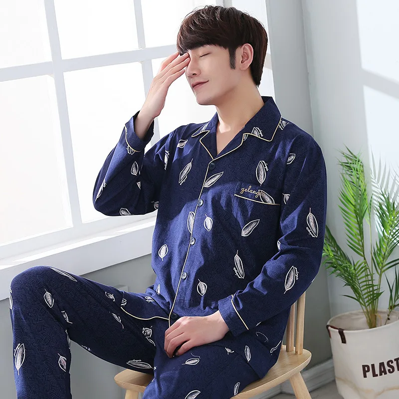 Spring and Autumn Cotton Men's Pajamas Long-sleeved Printed Lapel Pajamas Set Large Size Casual Comfortable Men's Home Service